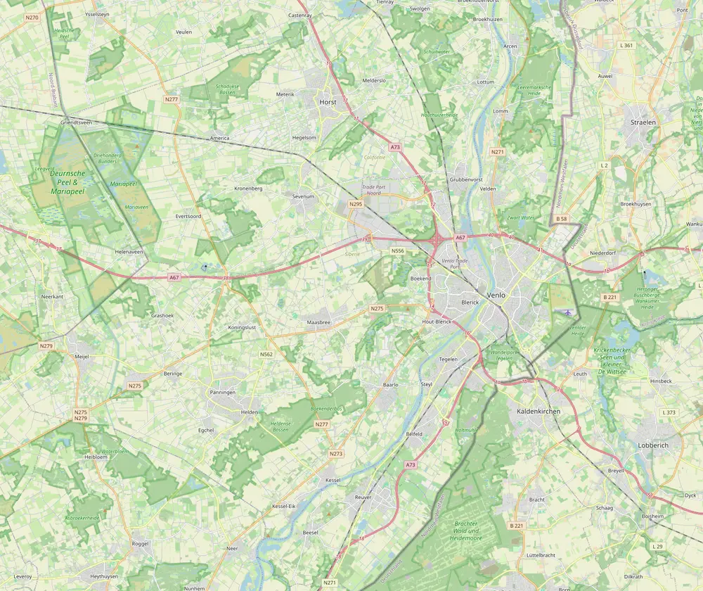 Kaart van Noord-Limburg rond Maasbree, met Venlo, Horst, Panningen en Reuver